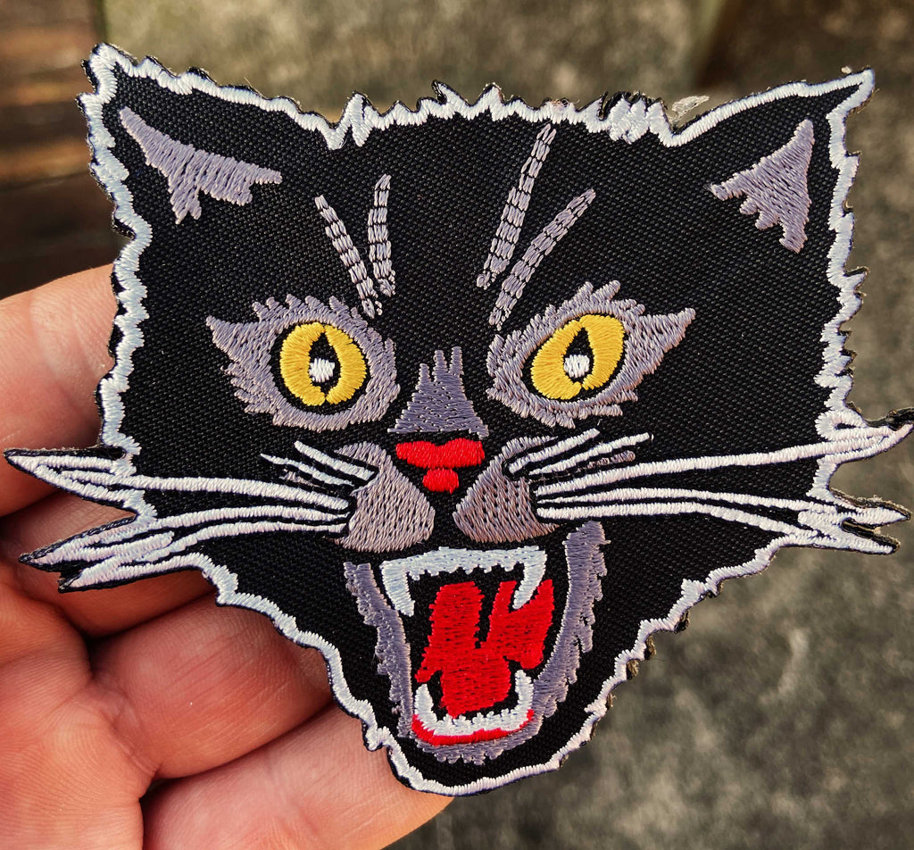 WildCat Black Cat Iron On Embroidered Patch, Punk Rockabilly Biker Traditional Tattoo Applique