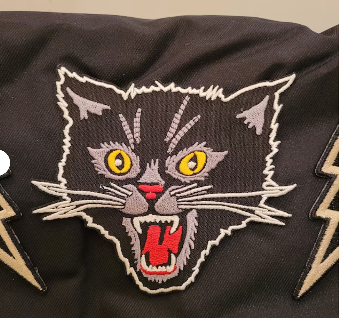 WildCat Black Cat Iron On Embroidered Patch, Punk Rockabilly Biker Traditional Tattoo Applique