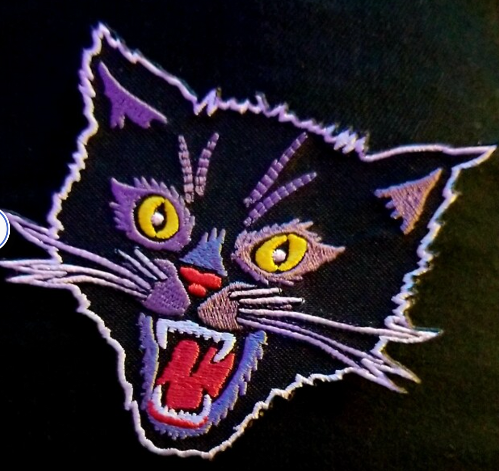 WildCat Black Cat Iron On Embroidered Patch, Punk Rockabilly Biker Traditional Tattoo Applique