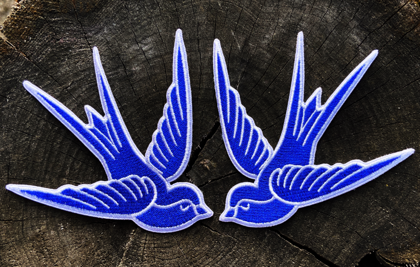Blue & White Swallow Iron On Embroidered Patch Set (2), Father Panik Original Art