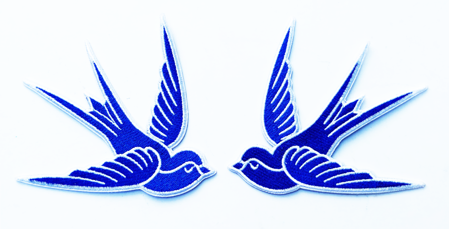 Blue & White Swallow Iron On Embroidered Patch Set (2), Father Panik Original Art