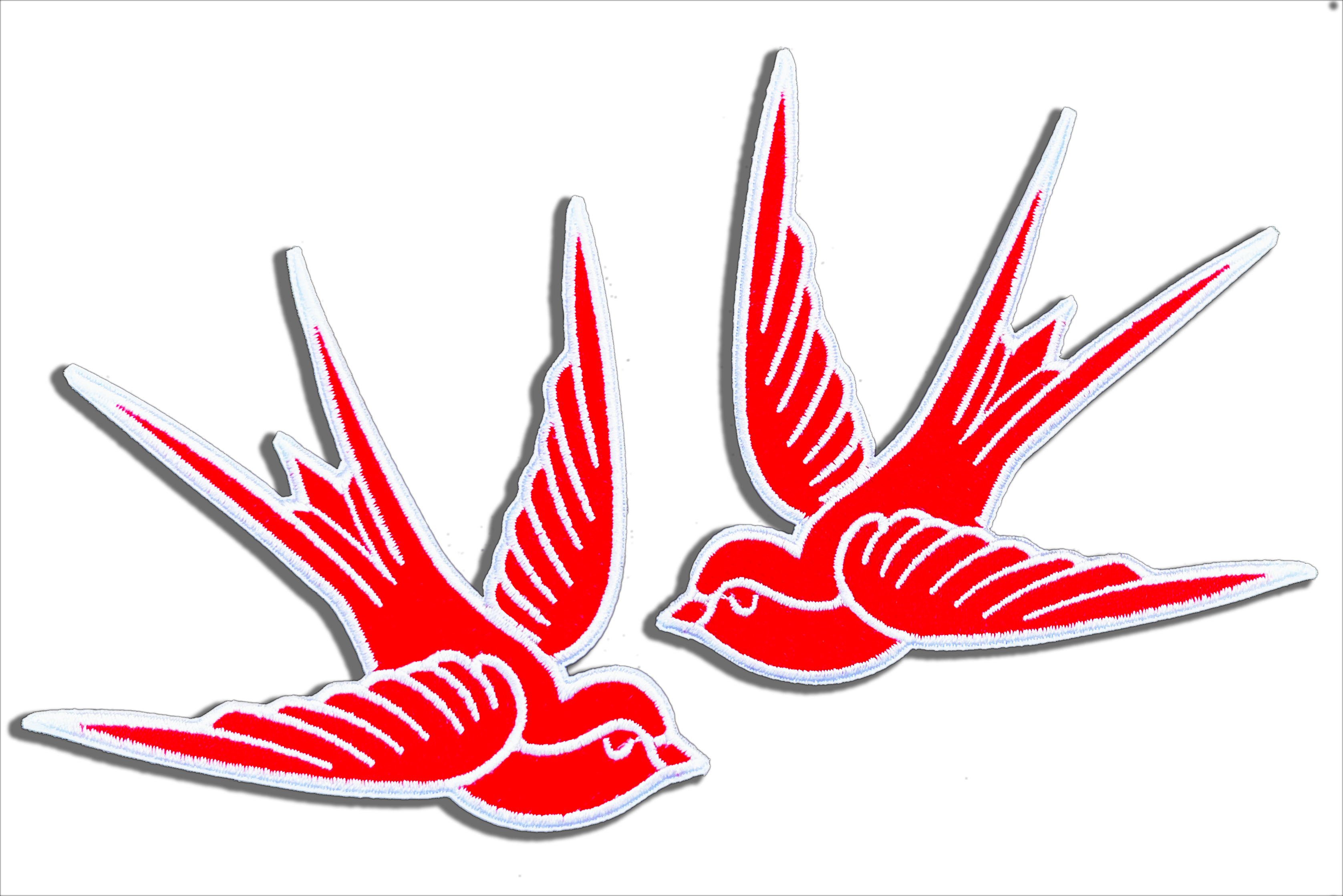 Red & White Swallow Iron On Embroidered Patch Set (2), Father Panik Original Art